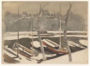 雪に覆われた運河に係留されたはしけ 作： Willem Arnoldus Witsen