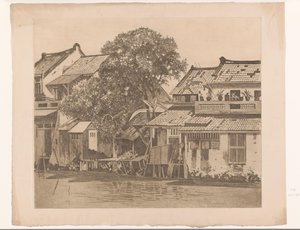 バタビアの川沿いの家々の眺め カーリーの家。 家の間の木々、バタヴィア (原題) 作： Willem Arnoldus Witsen