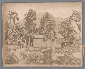 サラク火山(?)を背景にした家、ブイテンゾルグ 作： Willem Arnoldus Witsen