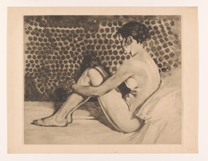 裸である, 若い女性, ∥で∥, 彼女, 腕, のまわり, 彼女, ひざ ソファに座って膝を立てた裸体（原題）