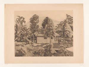山を背景にしたボゴールの家 サラク火山(?)を背景にした家、ブイテンゾルグ(原題) 作： Willem Arnoldus Witsen