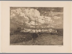 砂の掘削とボートのある砂丘の風景 砂の発掘（原題） 作： Willem de Zwart (signed by artist)