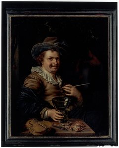 バイオリンとカニが置かれたテーブルに座る、クラップパイプとローマーを持つ男。 作： Willem Van Mieris