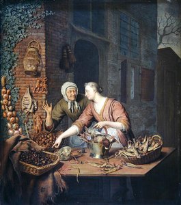 市場の屋台」1730年頃（パネルに油彩 作： Willem Van Mieris