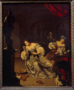 お茶を飲むオランダ貴族の女性たち。ウィレム・ファン・ミエリス（1662-1747）の絵画（ec.holl.）18世紀 日0,42x0,34 m 作： Willem Van Mieris