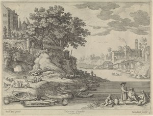 手漕ぎボート、人形、牛がいる港 作： Willem van Nieulandt (II)
