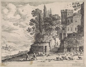 家、人物、牛のある風景 作： Willem van Nieulandt (II)