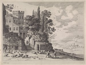 家、人物、牛のある風景 作： Willem van Nieulandt (II)