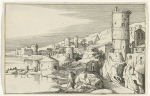 水上に塔がある都市 ローマ時代の遺跡と海岸の風景 (シリーズ 1) (シリーズ タイトル) 作： Willem van Nieulandt (II)