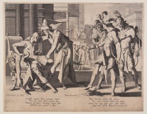 正義の王座（Thronus Iustitiae）』より「皮剥ぎを命じるカンビュセス」、プレート6 作： Willem van Swanenburgh