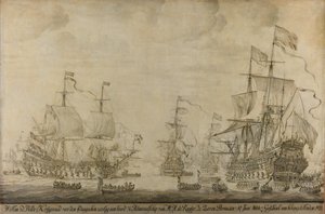 1666 年 6 月 10 日、Michiel Adriaensz de Ruyter の旗艦である The Seven Provinces に乗った戦争評議会、4 日間の戦いの前: 第二次英蘭戦争のエピソード 作： Willem van de Velde (I)