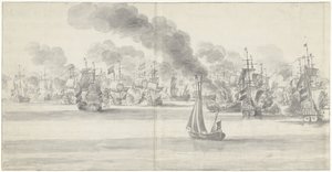 カトワイクの戦い（左ページ）、1653年 作： Willem van de Velde (I)