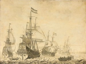 ドレンテ族とフレデリック ヘンリー王子を含むオランダ軍兵士のいる海景 作： Willem van de Velde (I)