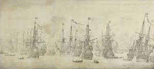 1665 年 8 月 12 日、ノルウェーのベルゲン港での帰還艦隊に対するイギリス軍の攻撃の失敗: 第二次英蘭戦争のエピソード 作： Willem van de Velde (I)