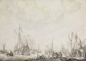 ロイヤル ヨットとステート ヨット、おそらくイギリスのチャールズ 2 世がムールダイクに到着、1660 年 作： Willem van de Velde (I)