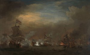 カイクダインの戦いで遭遇 1673 年 8 月 21 日のカイクダインの戦い (テセルの戦い) におけるグーデン レーウ号のコーネリス トランプとロイヤル プリンス号のサー エドワード スプラグの間の海戦: 第三次英蘭戦争のエピソード