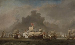 1672 年 6 月 7 日のソールベイの戦いでのロイヤル プリンス号でのミヒール アドリアエンス デ ルイテルとヨーク公の海戦: 第三次英蘭戦争のエピソード
