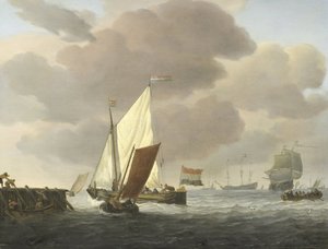 風の強い天候の海岸近くの船 作： Willem van de Velde (II)