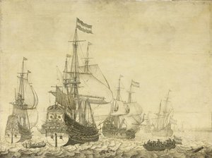 ドレンテとフレデリックヘンリー王子を含むオランダの戦争の男性と海の風景、1670年頃（パネルに絵画） 作： Willem van de Velde