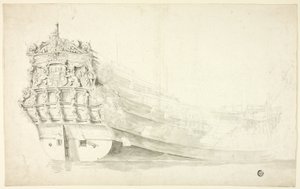 右舷クォーターから見た装飾的な船首を持つオランダ船 作： Willem van de Velde I