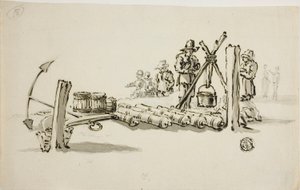 大砲、火薬樽、錨を持った男たち 作： Willem van de Velde I