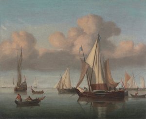 Um Kaag ancorado com as velas içadas e um iate estadual e outras embarcações 作： Willem van de Velde the Younger