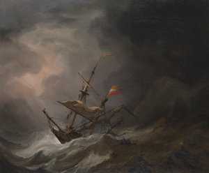 嵐の中、岩だらけの海岸に漂着した地中海のブリガンチン、1700年頃、油彩・カンヴァス