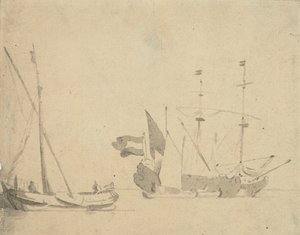 桟橋のボイエと停泊中のオランダ船、1665年頃（グレーのウォッシュ仕上げ） 作： Willem van de Velde the Younger