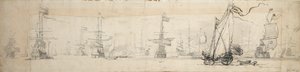 帆を張ったヨットと錨を下ろした船、1665年頃（黒鉛、グレーのウォッシュ仕上げ） 作： Willem van de Velde the Younger