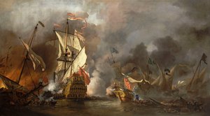 バーバリーの海賊と戦うイギリス船 作： Willem van de Velde the Younger