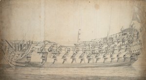 1679年に建造され、1700年に再建された3等船「グラフトン号」の肖像画、1680年頃（黒鉛、灰色水彩）