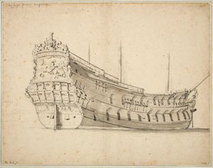 1658年頃に建造され、1683年に難破した「プリンス・テ・パール号」の肖像画、1666年頃（黒鉛、灰色水彩） 作： Willem van de Velde the Younger