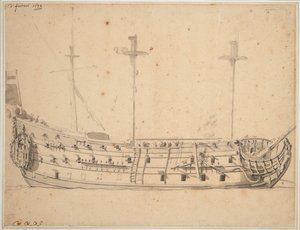 ビクトリー号」の肖像、1620年建造の2等船、82門、1666年再建、1672年頃（黒鉛、灰色水彩） 作： Willem van de Velde the Younger