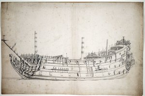 1623年に建造された70門の大砲を搭載した船「トライアンフ号」（または「セント・ジョージ号」）の肖像。