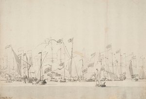 オレンジ公を讃えるアムステルダムのY川のページェント、1660年6月5日/15日、1675年頃（ペン、水彩） 作： Willem van de Velde the Younger
