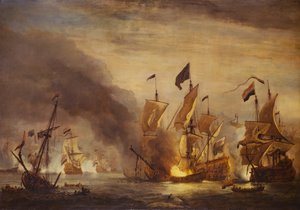 ソレベイの海戦におけるHMS「ロイヤル・ジェームス号」の焼失、1672年5月28日、17世紀後半、油彩・カンヴァス 作： Willem van de Velde the Younger