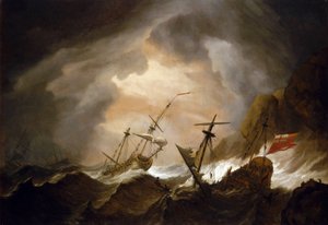 岩だらけの海岸近くで嵐に遭い難破する2隻のイギリス船。キャンバスに油彩、1700年頃、ウィレム・ファン・デ・ヴェルデ（1633-1707）作。 作： Willem van de Velde the Younger