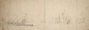 桟橋から出航するオランダ艦隊、1665年頃（黒鉛、グレイッシュウォッシュ） 作： Willem van de the Elder Velde