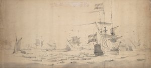 そよ風に横たわるオランダ艦隊：海戦会議 1665年頃（黒鉛、灰色水彩） 作： Willem van de the Elder Velde