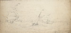 大海原を風上に向かって進むオランダの後方部隊、1672年頃（黒鉛画） 作： Willem van de the Elder Velde