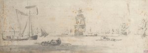 軽空のガリオットと数隻のはしけ、1681年頃（黒鉛、灰色水彩） 作： Willem van de the Elder Velde