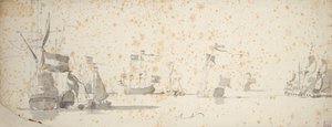 停泊中のオランダ船とヨット、1664年頃（黒鉛、灰色ウォッシュ仕上げ） 作： Willem van de the Elder Velde