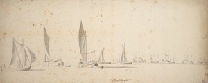 微風にあおられる曳き舟、ウィズチップとウォーターチップ、1664年頃（黒鉛、灰色水彩） 作： Willem van de the Elder Velde