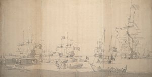 混雑した港で陸揚げされるウェイシュイット（1672年頃、黒鉛画） 作： Willem van de the Elder Velde