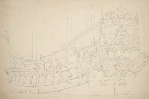 アムステルダムの船（おそらくインディアマン）、約50門の砲、1670年頃（黒鉛画 作： Willem van de the Elder Velde