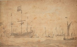 おそらく1673年6月、停泊中のイギリス旗艦（グレー・ウォッシュ）1673年頃 作： Willem van de the Elder Velde