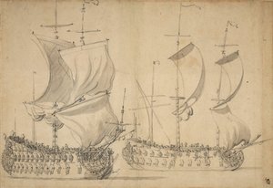 1677年頃、帆を張ったイギリスの三等船と四等船（鉛筆、水彩）
