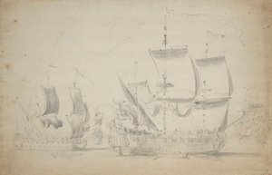 帆を張るイギリスの2階建て船、1675年頃（鉛筆、水彩） 作： Willem van de the Elder Velde
