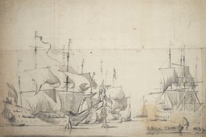 帆を干すオランダの戦闘船、1658年頃（黒鉛、灰色ウォッシュ） 作： Willem van de the Elder Velde