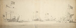 停泊中のオランダの旗艦と並走する船、1664年頃（黒鉛、グレーのウォッシュ仕上げ） 作： Willem van de the Elder Velde